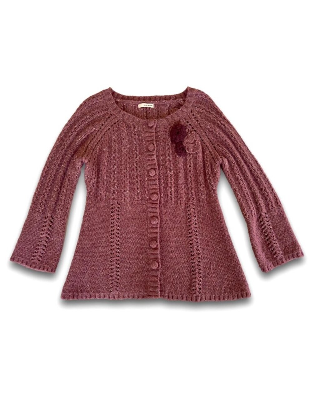 Y2K Vintage DKNY Jeans Knit Cardigan Sweater Plum Rosette Flower M Boho